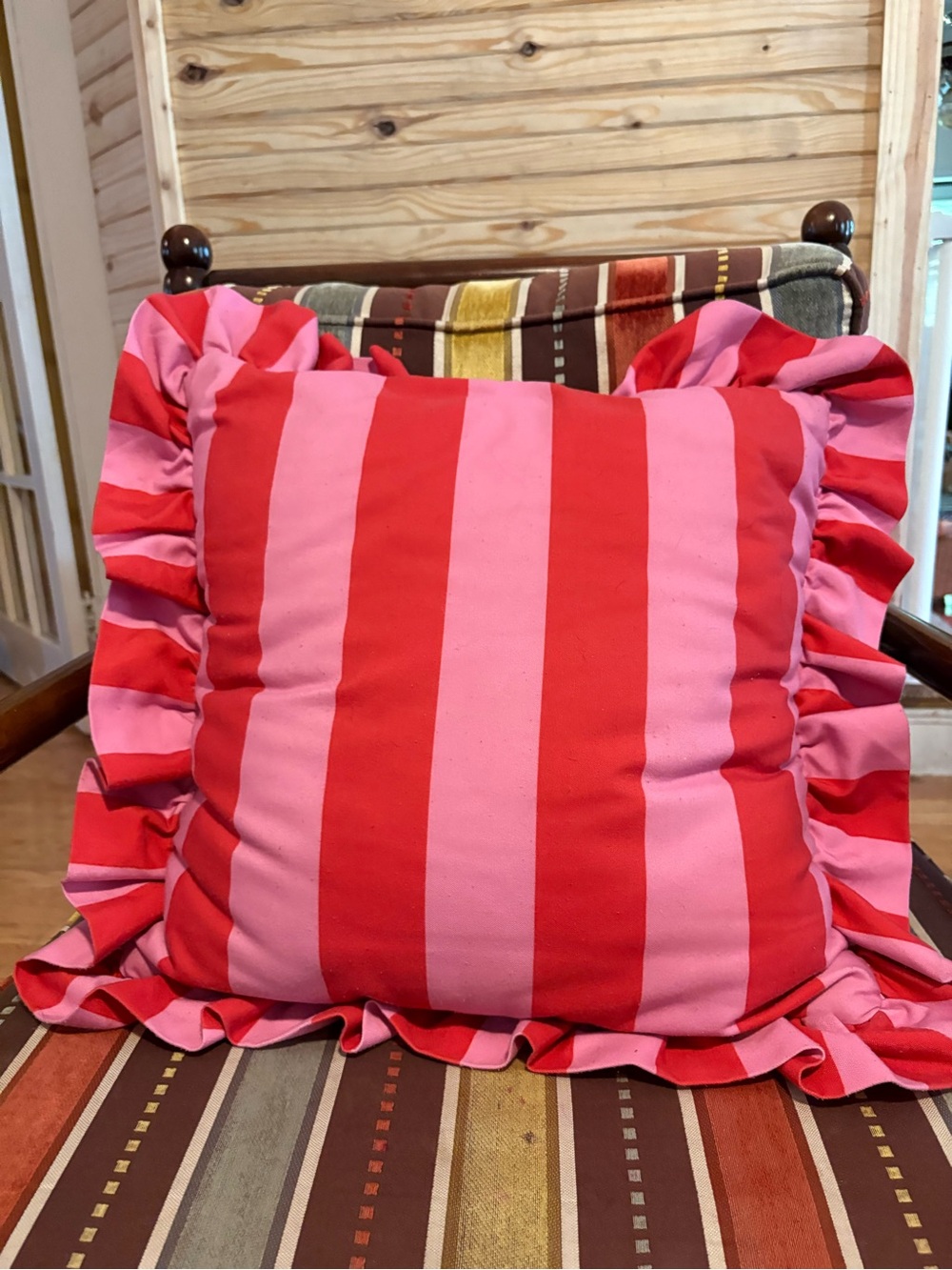 Anthropologie Red and Pink Striped Ruffled Throw Pillow